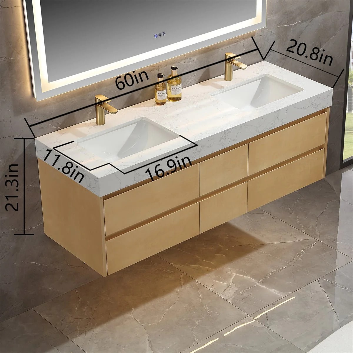 Sleek 60" Modern Maple Wood Luxury Bathroom Vanity with Stone Slab Countertop