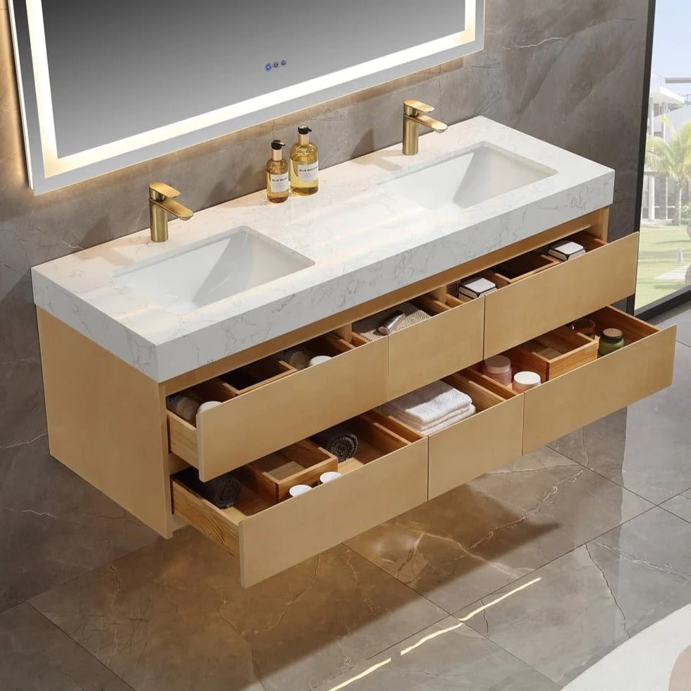 Sleek 60" Modern Maple Wood Luxury Bathroom Vanity with Stone Slab Countertop