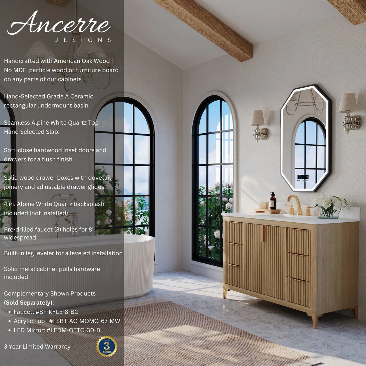 Turlington 48-inch bathroom vanity in Natural Oak — features and warranty information