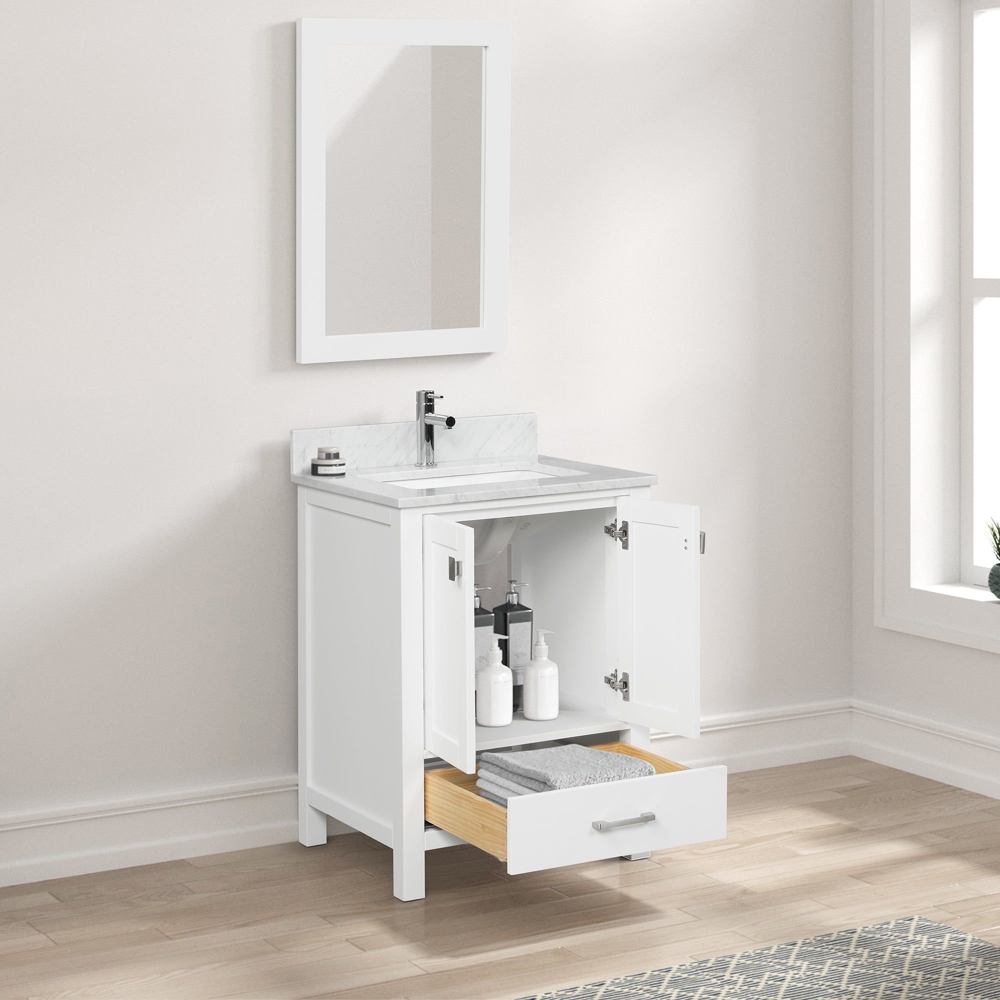 Geneva 24" White Bathroom Vanity with Marble Countertop - Contemporary Bathroom Vanity