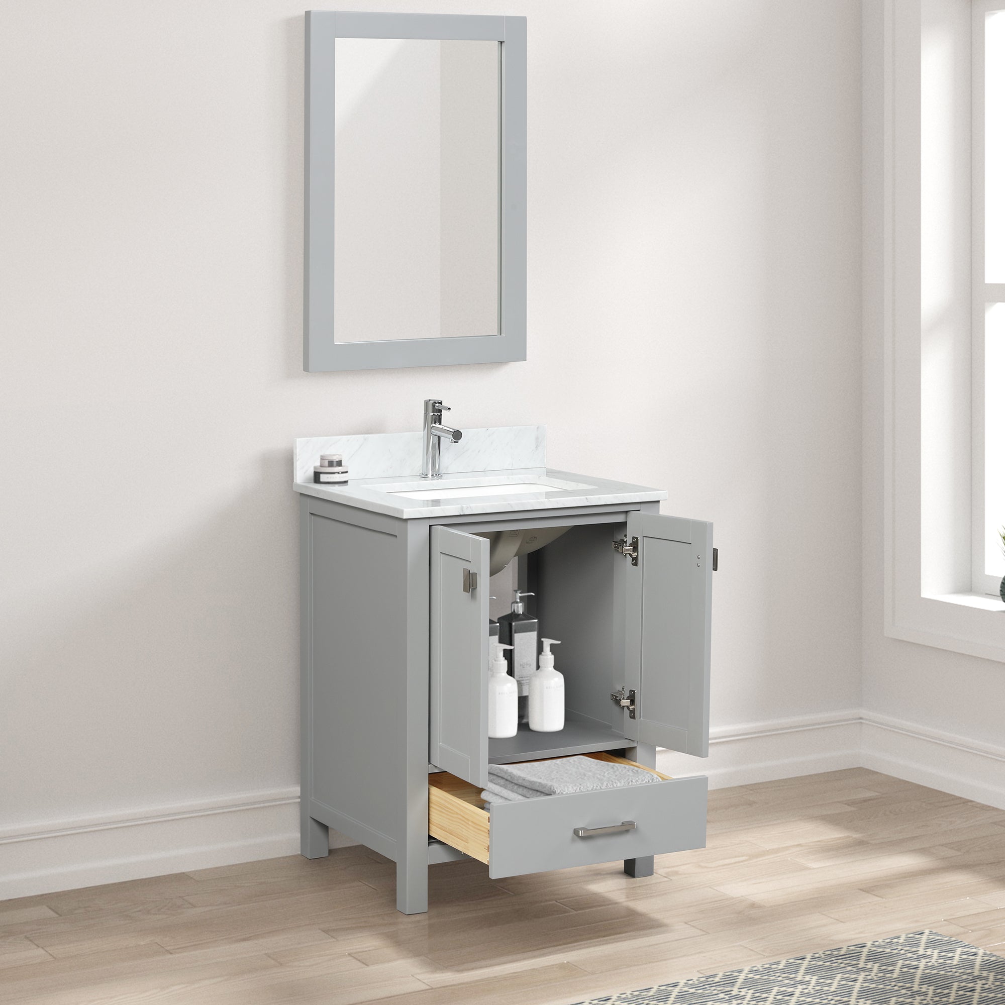 Geneva 24" Grey Bathroom Vanity with Marble Countertop - Contemporary Bathroom Vanity