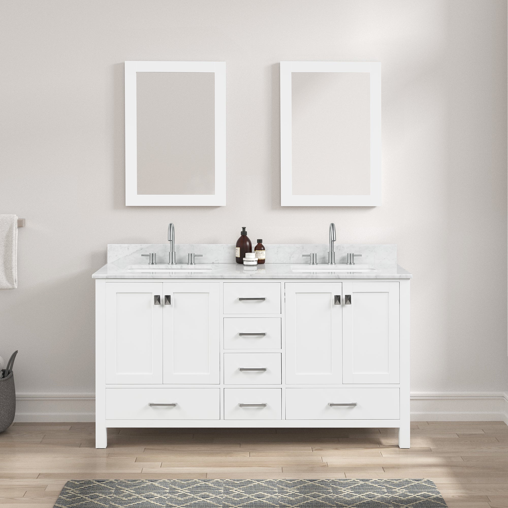Geneva 60" Bathroom Vanity Double SInk with Marble Countertop - Contemporary Bathroom Vanity