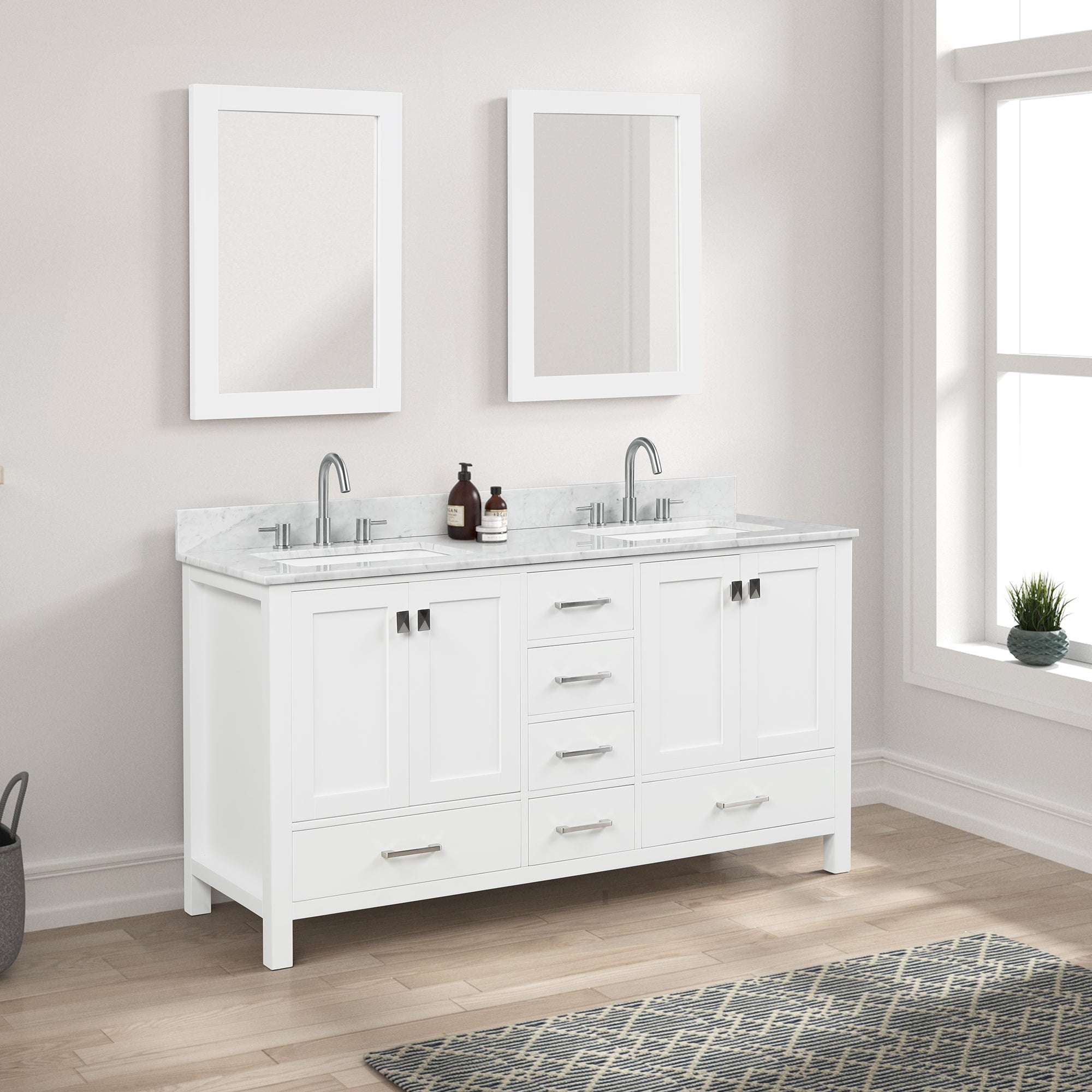 Geneva 60" Bathroom Vanity Double SInk with Marble Countertop - Contemporary Bathroom Vanity