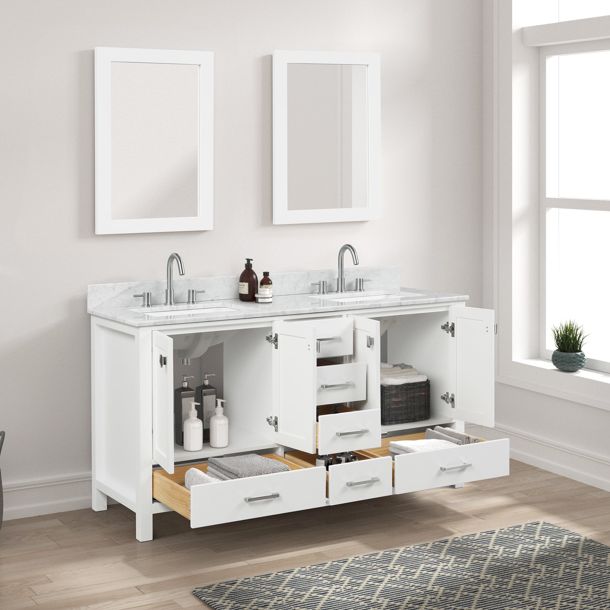 Geneva 60" Bathroom Vanity Double SInk with Marble Countertop - Contemporary Bathroom Vanity