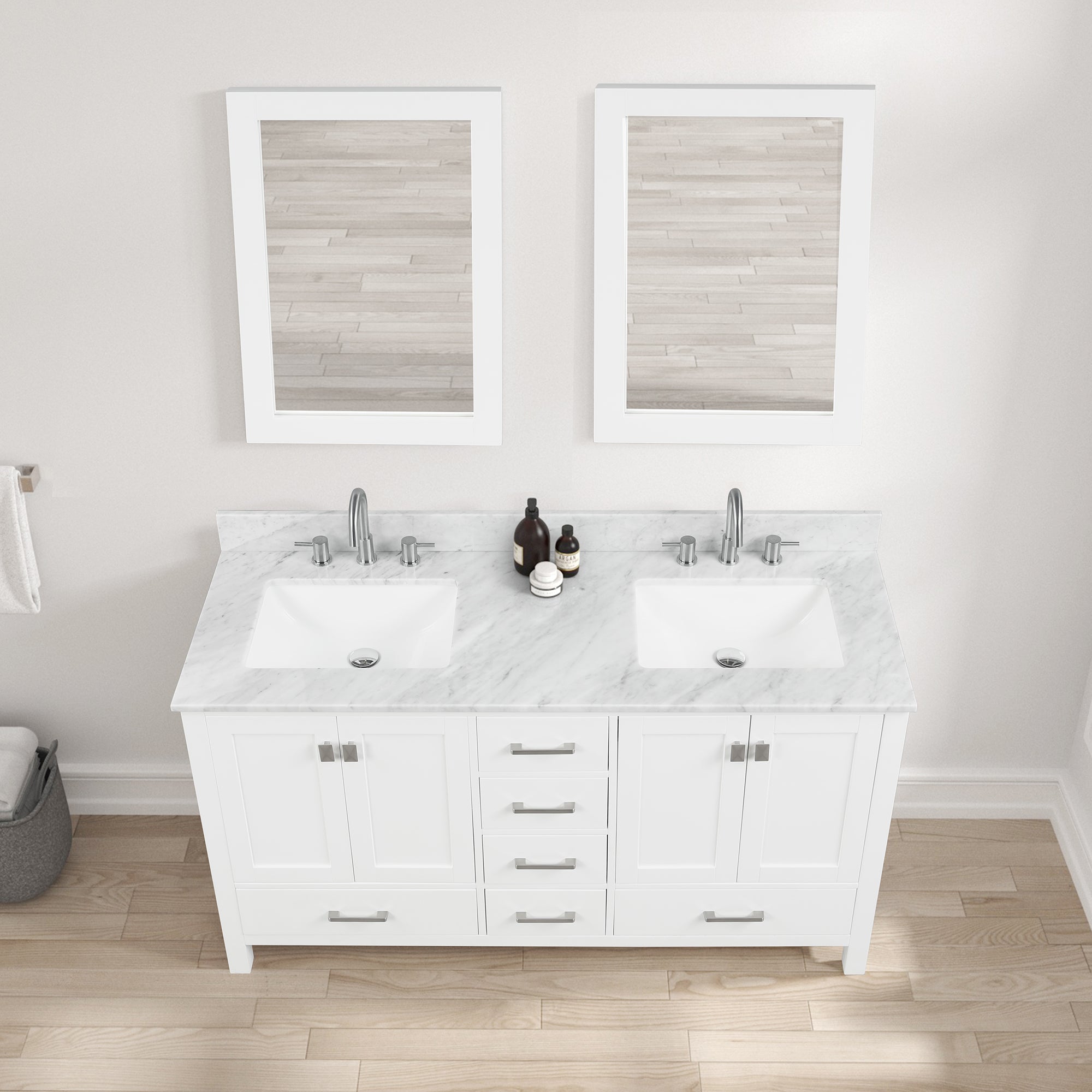 Geneva 60" Bathroom Vanity Double SInk with Marble Countertop - Contemporary Bathroom Vanity