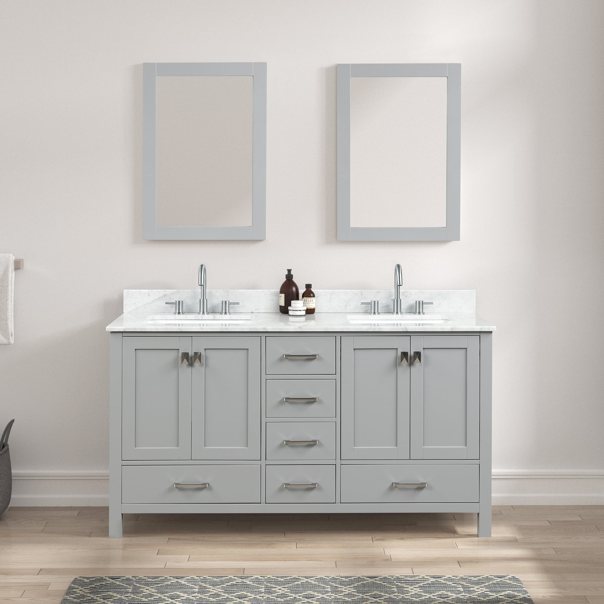 Geneva 60" Bathroom Vanity Double SInk with Marble Countertop - Contemporary Bathroom Vanity