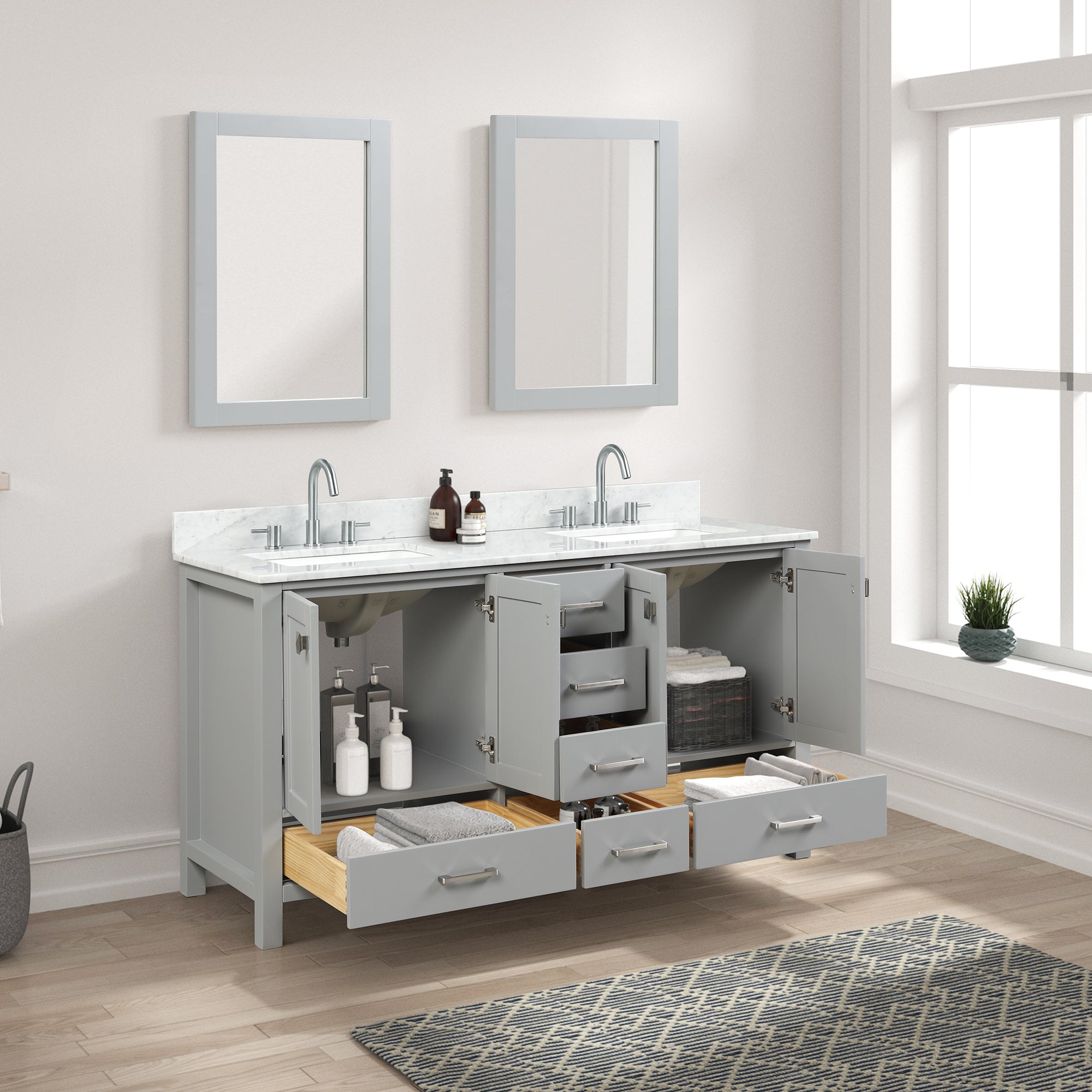 Geneva 60" Bathroom Vanity Double SInk with Marble Countertop - Contemporary Bathroom Vanity