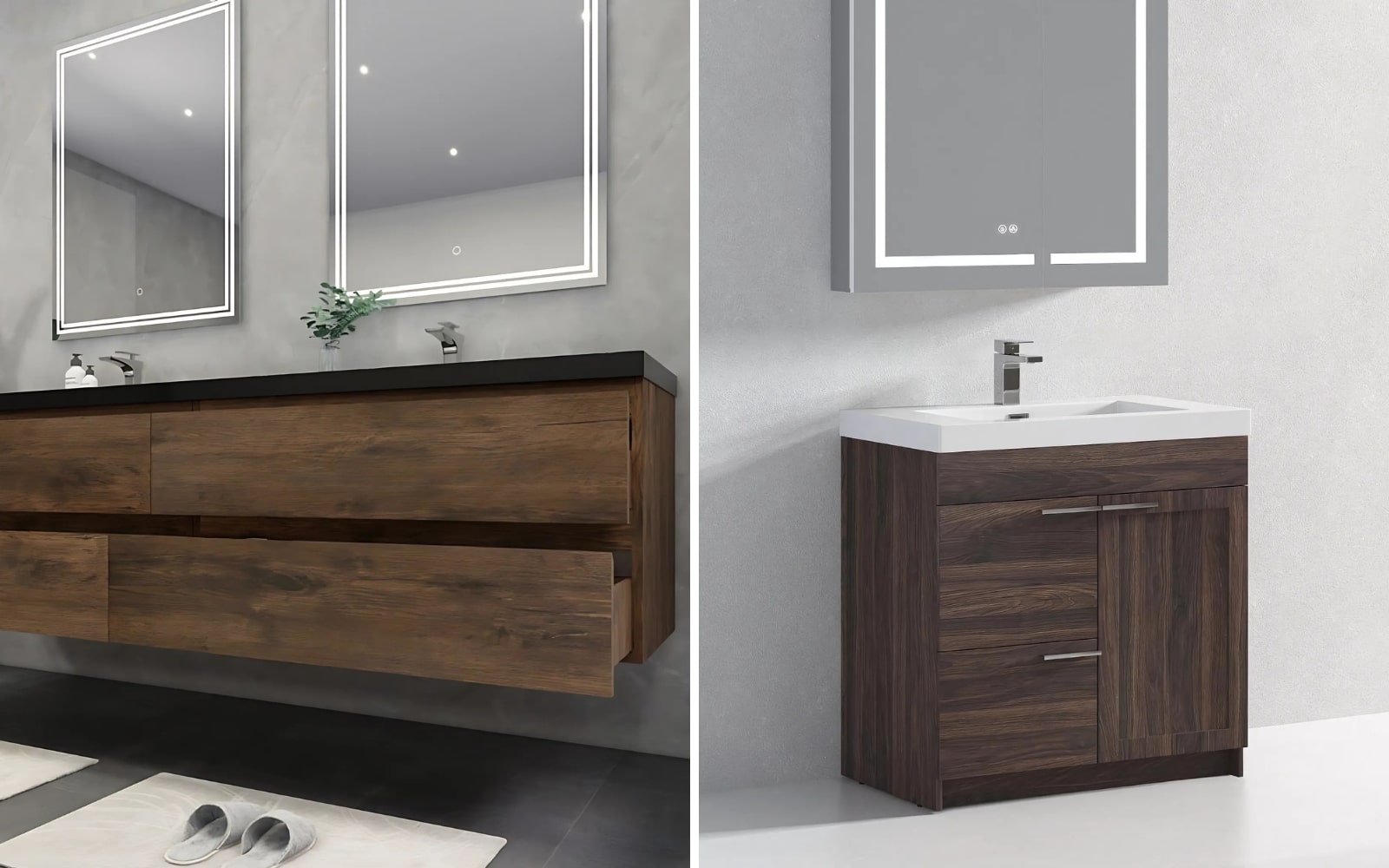 Two images of dark wood vanities with sink 