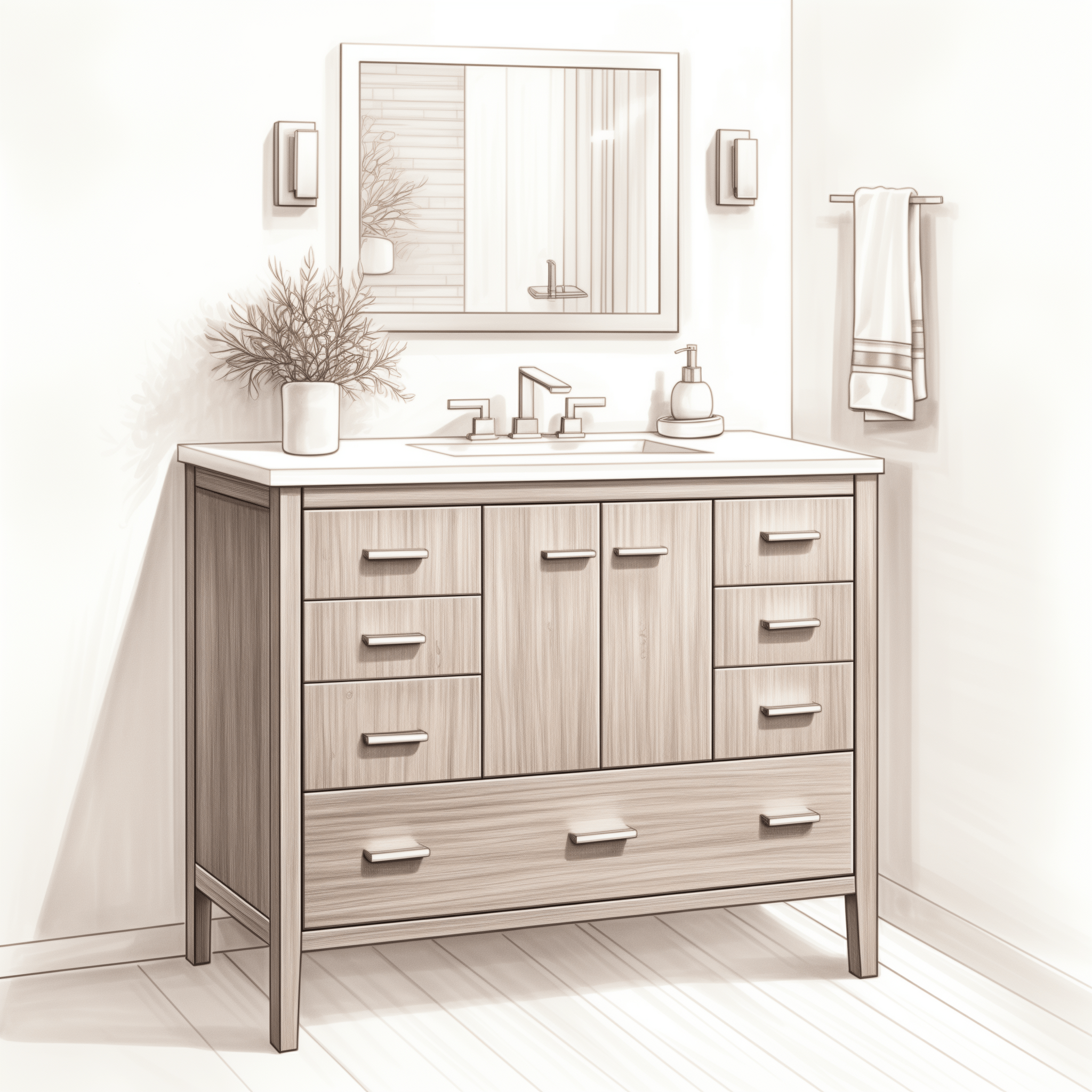 A pencil drawing of a Small Bathroom Vanity showing space efficiency