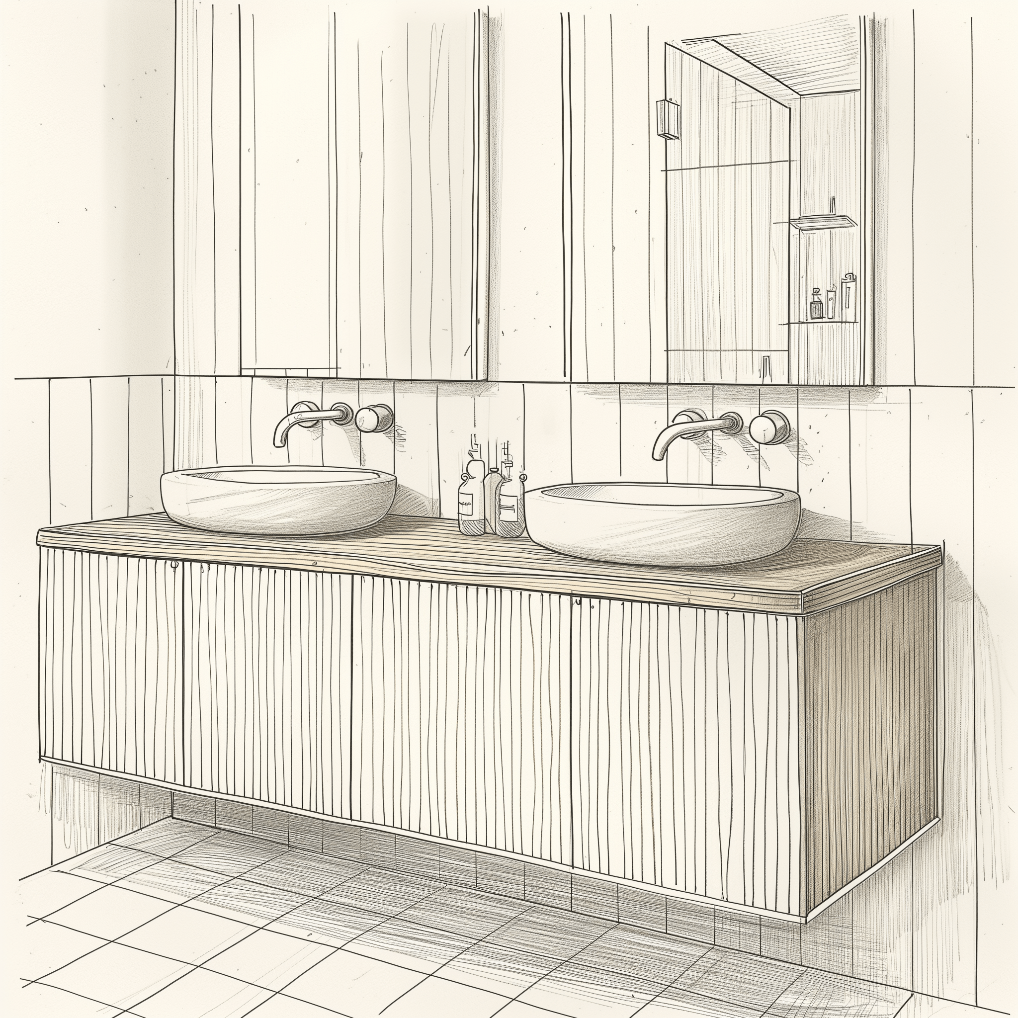 a pencil drawing of a wall mounted vanity with vessel sinks 