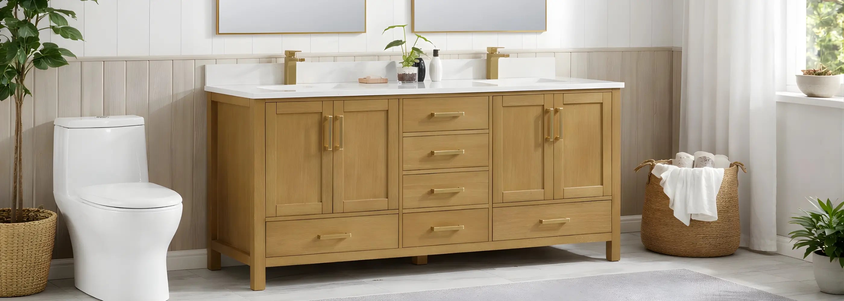 ivory oak bathroom vanity in a calm contemporary setting.