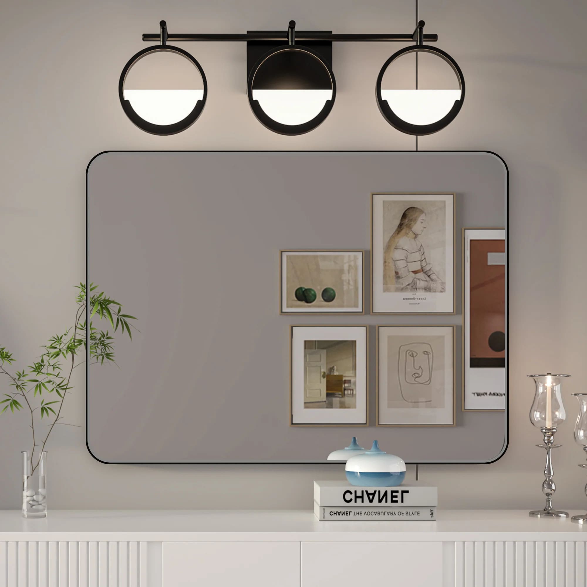 Modern, Elegant, Rectangular Wall Mirror with Tempered Glass, Shatterproof, Rust-Resistant, Matte Black Frame for Bathroom, Living Room & Hallway