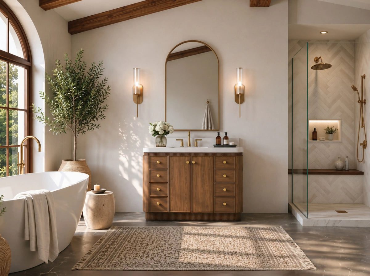 Aston 48-inch bathroom vanity in Chestnut Oak, front view in a bathroom