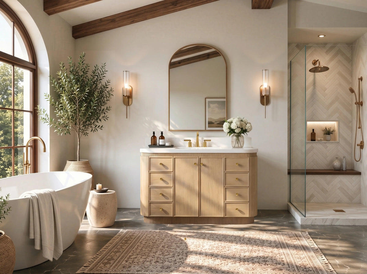 Aston 48-inch bathroom vanity in American Oak, front view in a bathroom