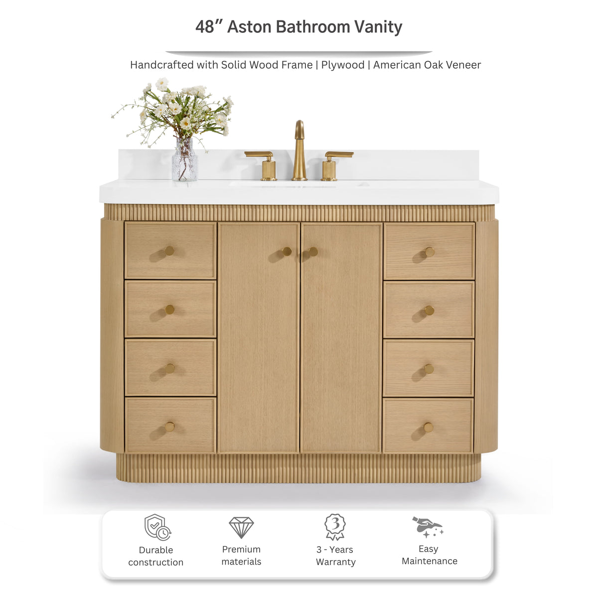 Aston 48-inch bathroom vanity in American Oak — front view
