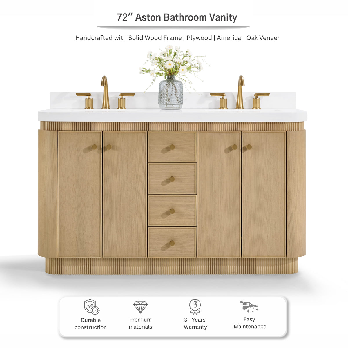 Aston 72-inch bathroom vanity in American Oak — front view