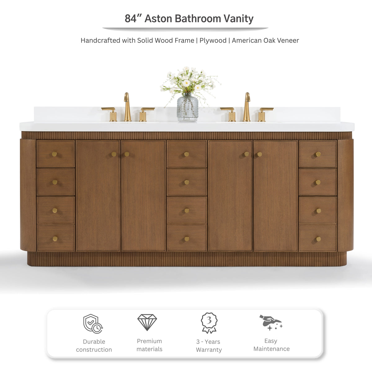 Aston 84-inch bathroom vanity in Chestnut Oak — front view