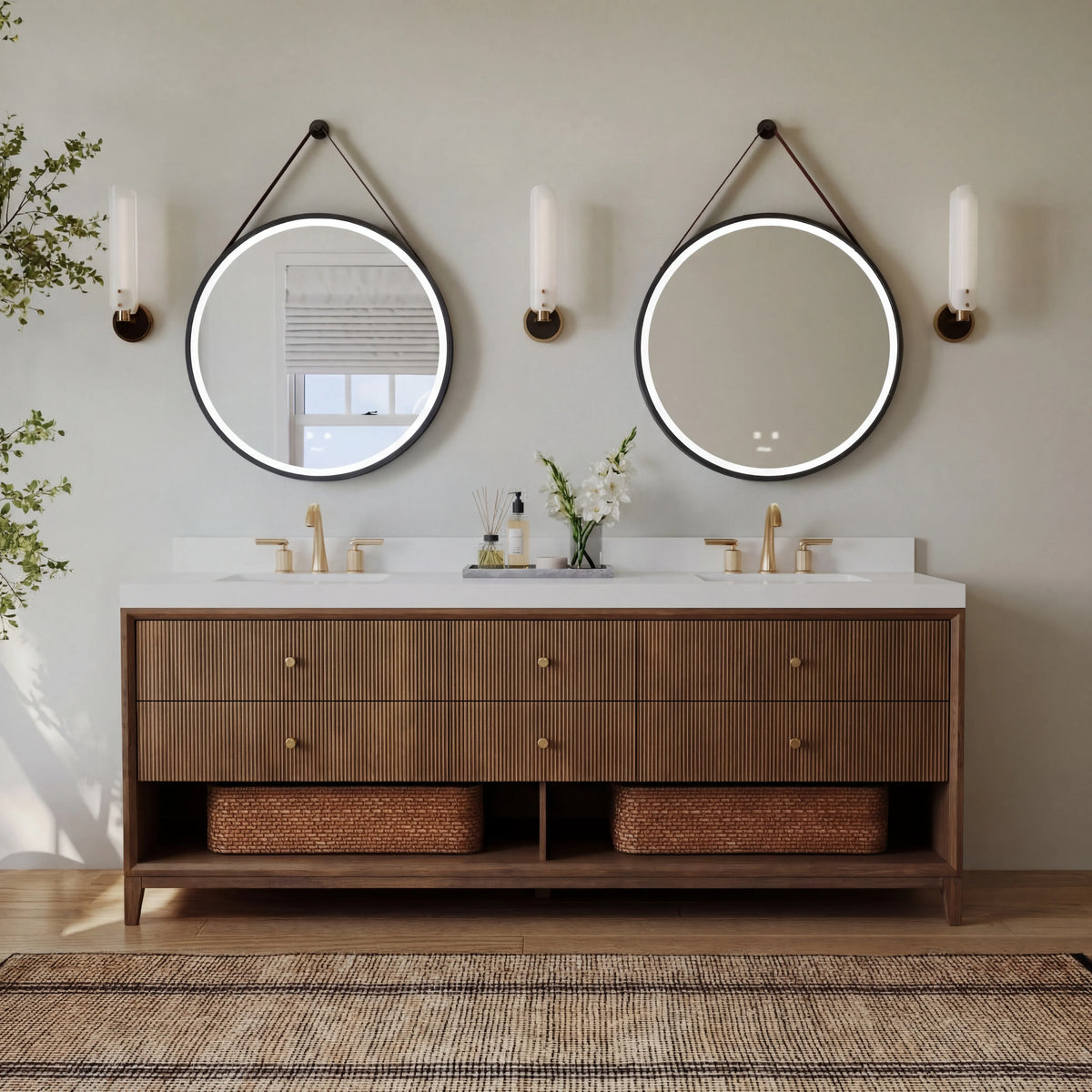 Momo 84-inch Chestnut Oak vanity with Alpine White Quartz top - front bathroom view