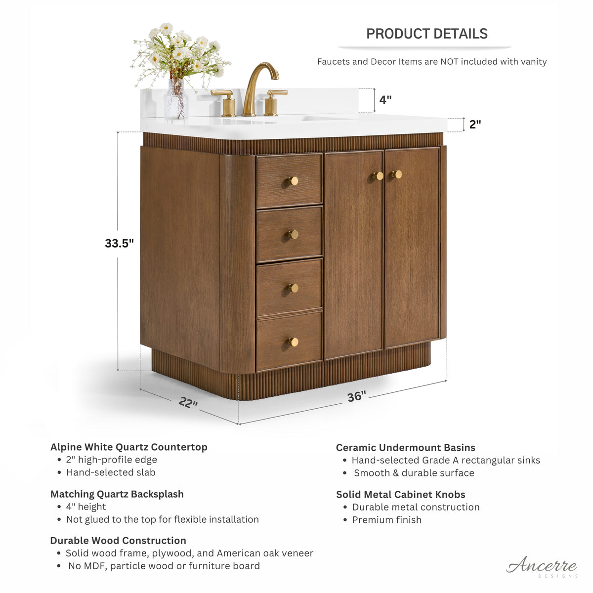 Aston 36" Bath Vanity Set with Alpine White Quartz Top