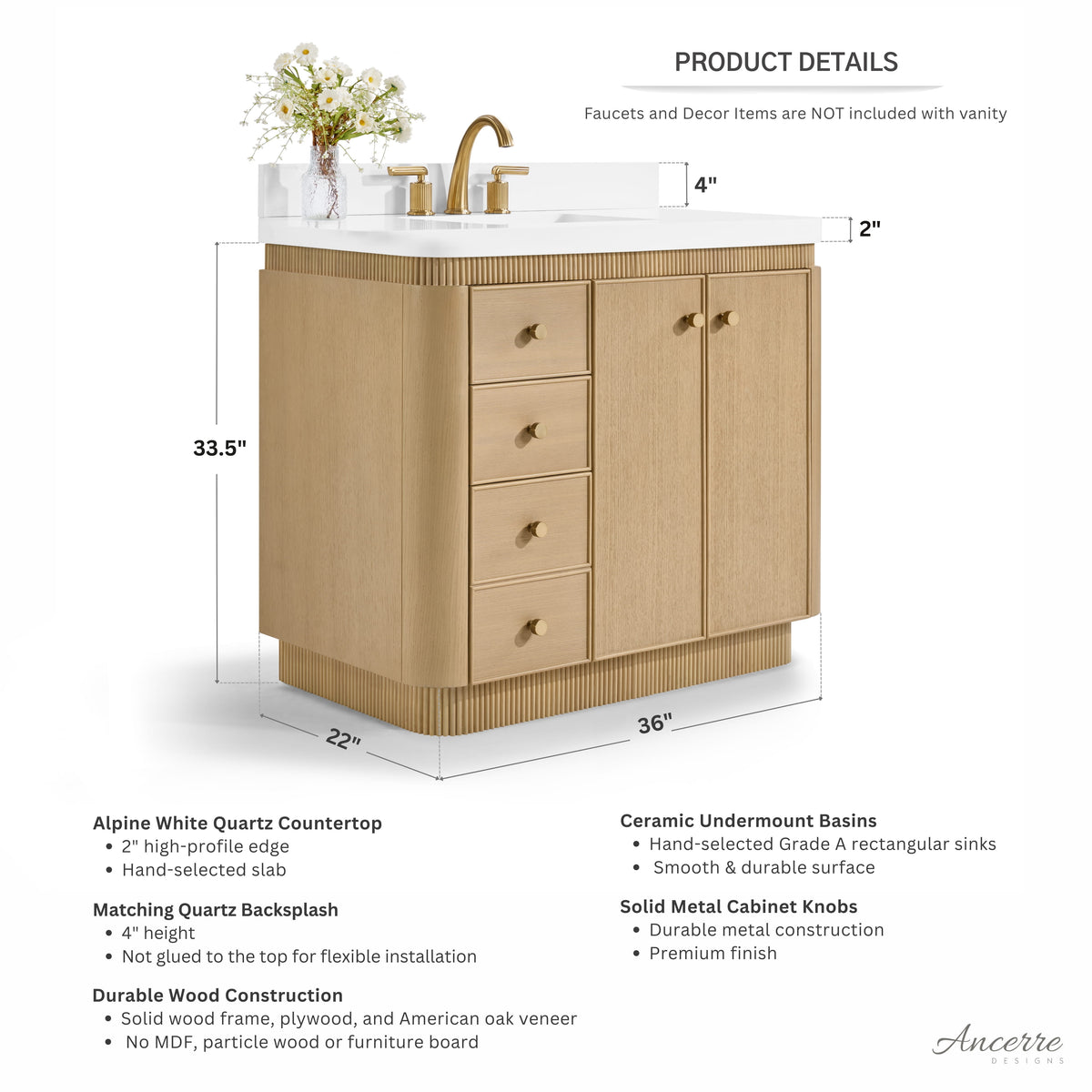 Aston 36" Bath Vanity Set with Alpine White Quartz Top