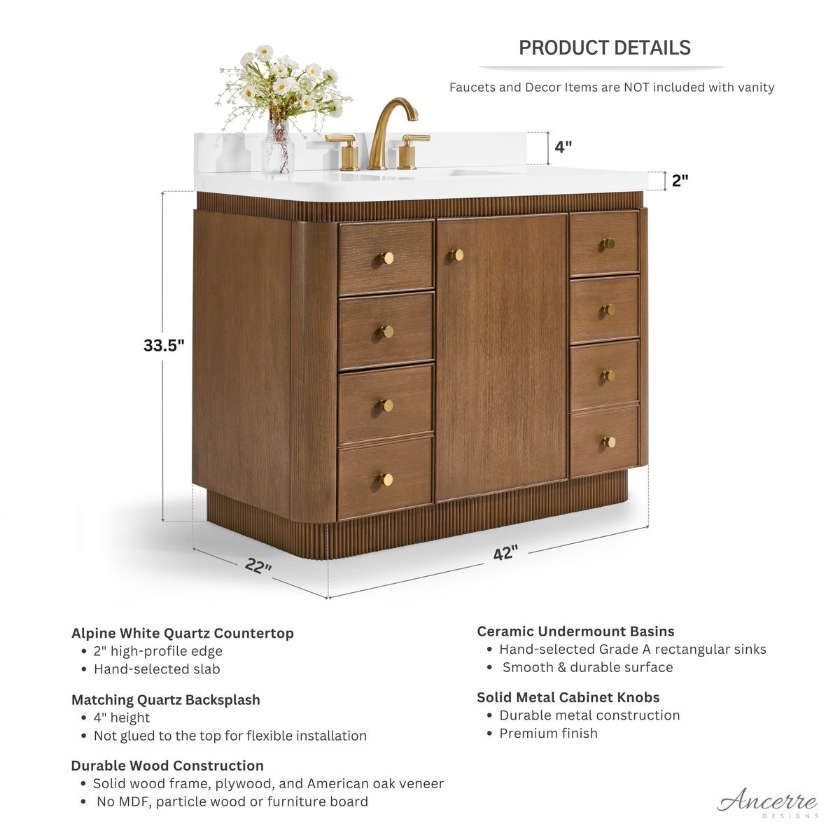 Aston 42" Bath Vanity Set with Alpine White Quartz Top