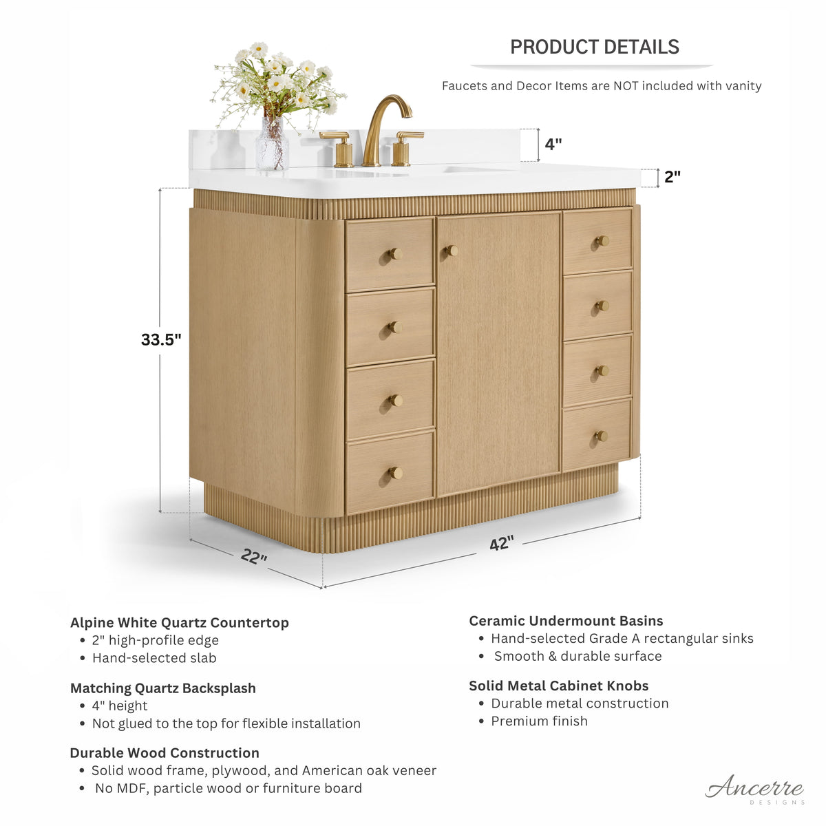 Aston 42" Bath Vanity Set with Alpine White Quartz Top