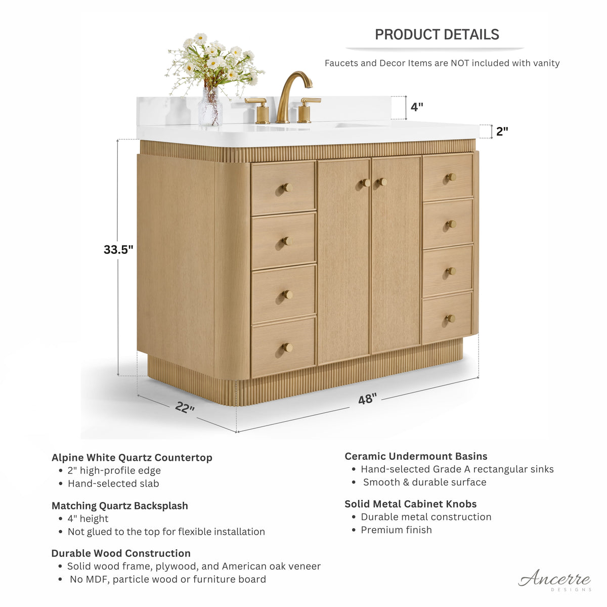 Aston 48-inch bathroom vanity in American Oak — dimension diagram
