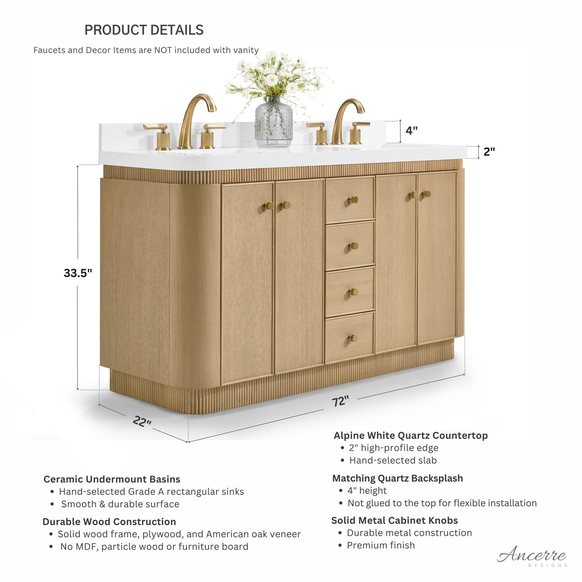 Aston 72-inch bathroom vanity in American Oak — dimension diagram