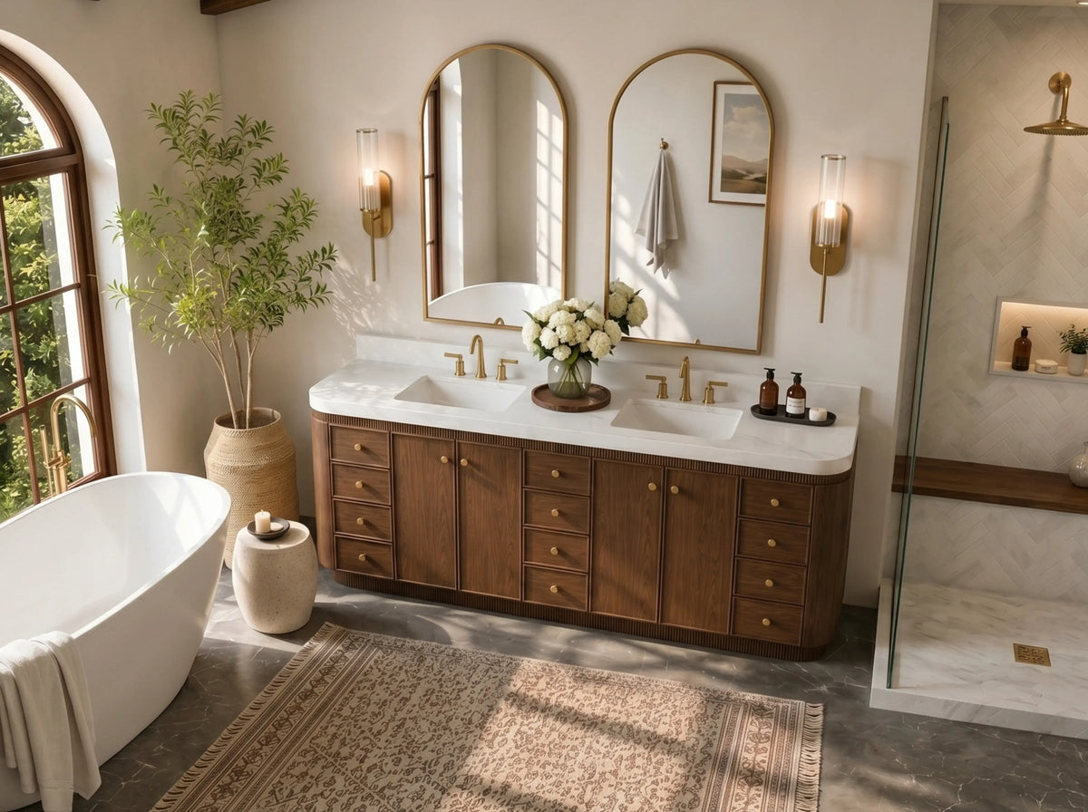 Aston 84-inch double-sink bathroom vanity in Chestnut Oak, elevated angled view