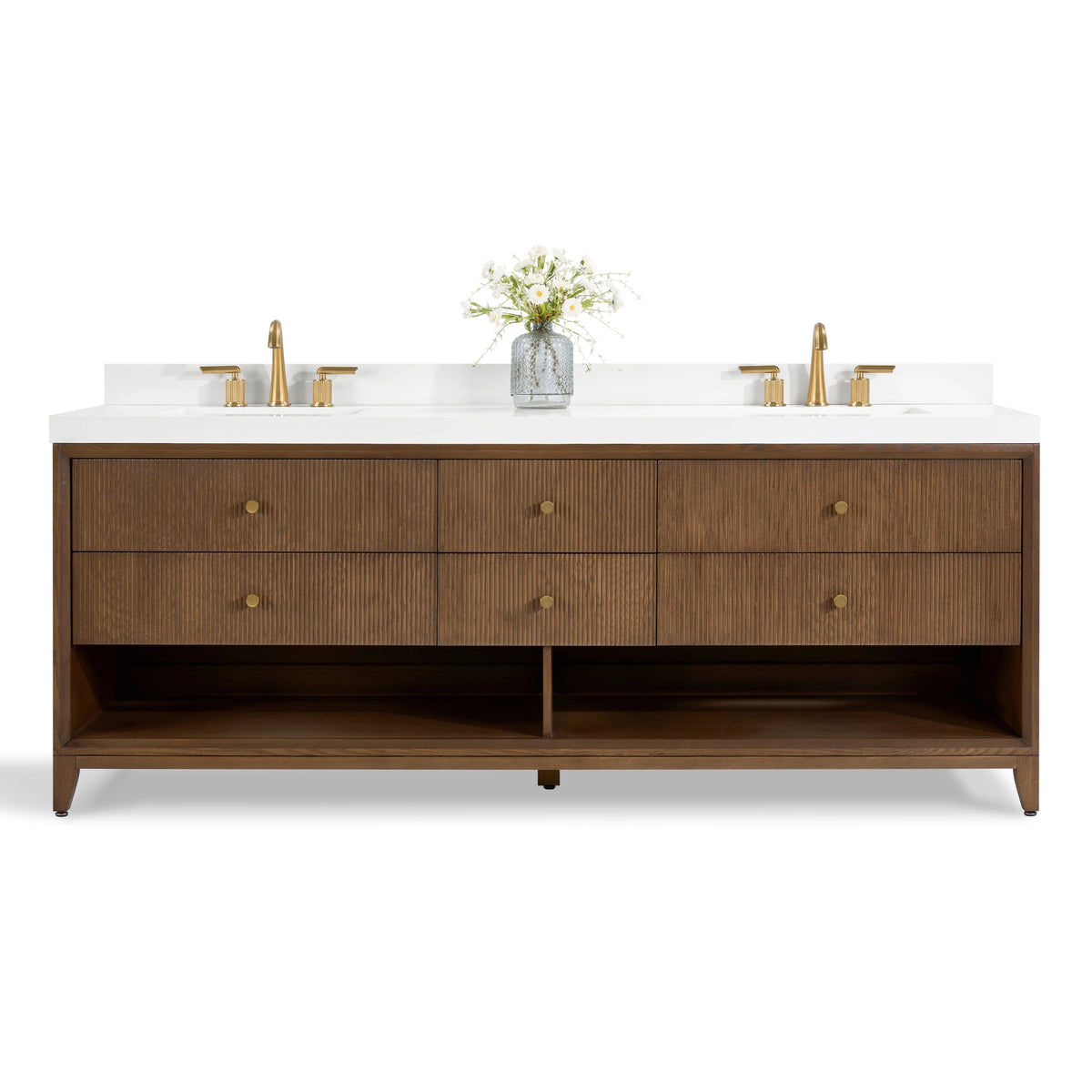 Momo 84-inch Chestnut Oak vanity with Alpine White Quartz top - front view