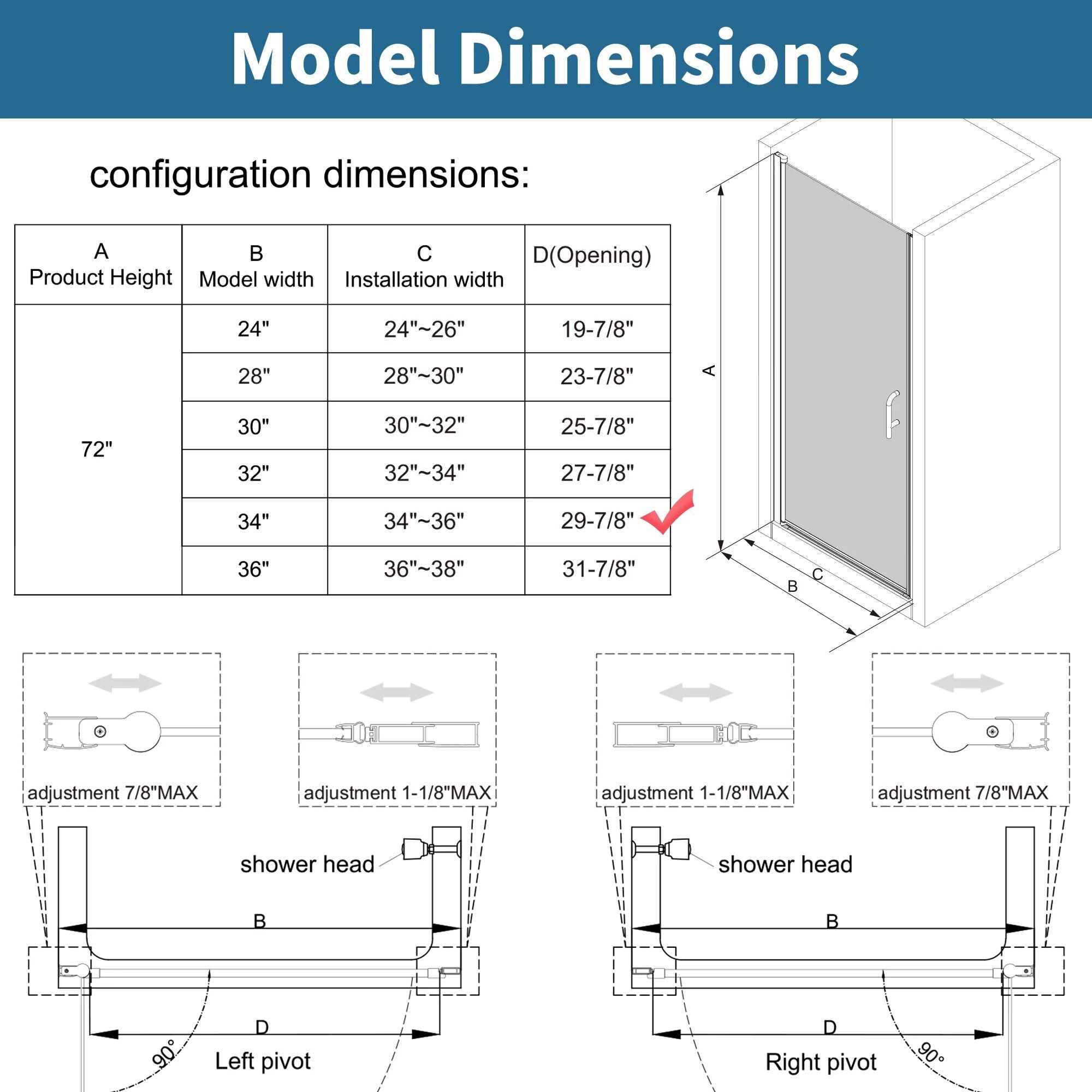 Classy 34-36" Pivot Shower Door