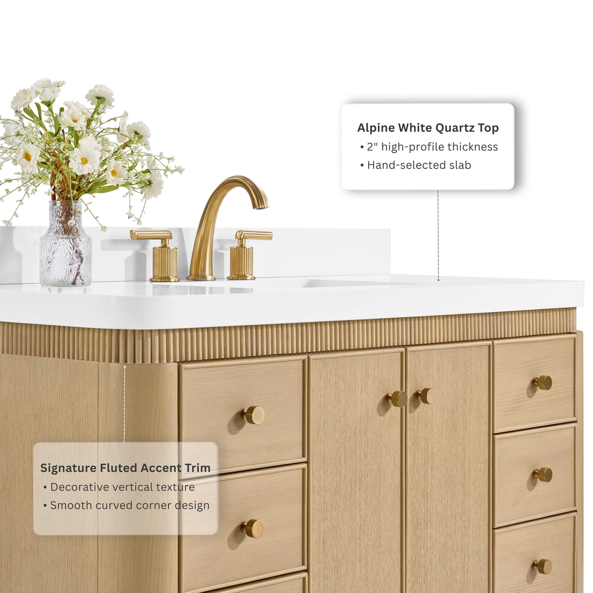 Aston 48-inch bathroom vanity in American Oak — countertop detail