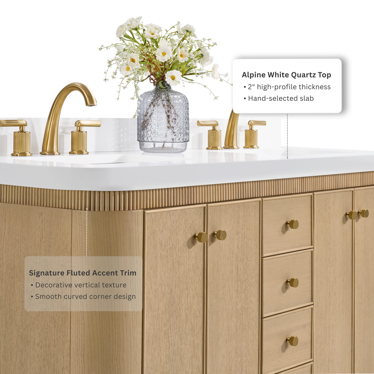 Aston 72-inch bathroom vanity in American Oak — countertop detail