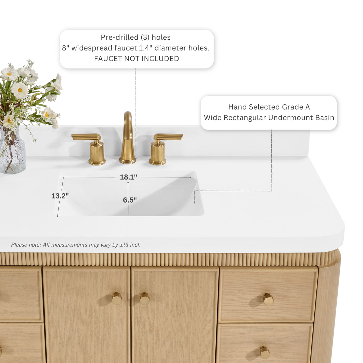 Aston 48-inch bathroom vanity in American Oak — sink detail