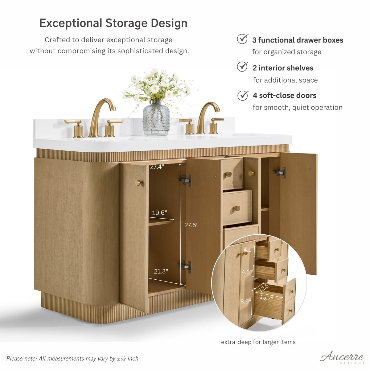 Aston 72-inch bathroom vanity in American Oak — storage detail