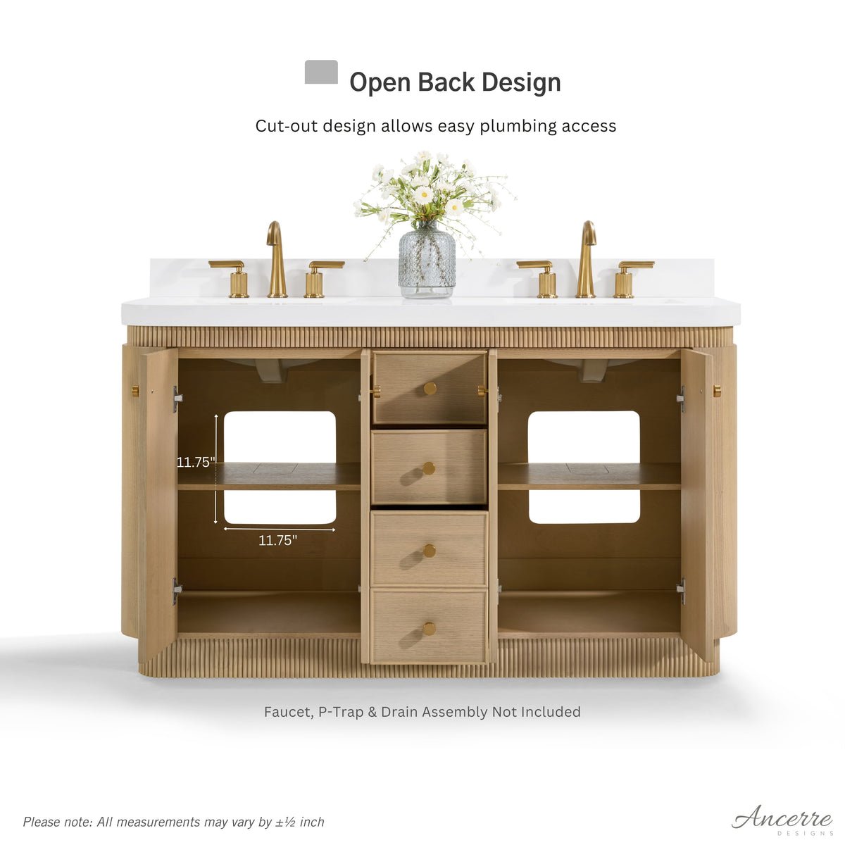Aston 72-inch bathroom vanity in American Oak — rear view