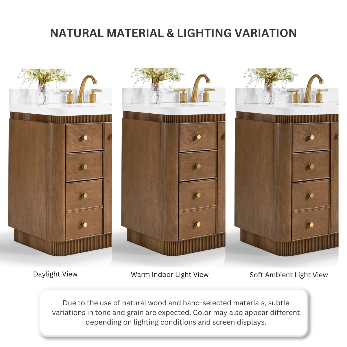Aston 84-inch bathroom vanity in Chestnut Oak — finish under different lighting