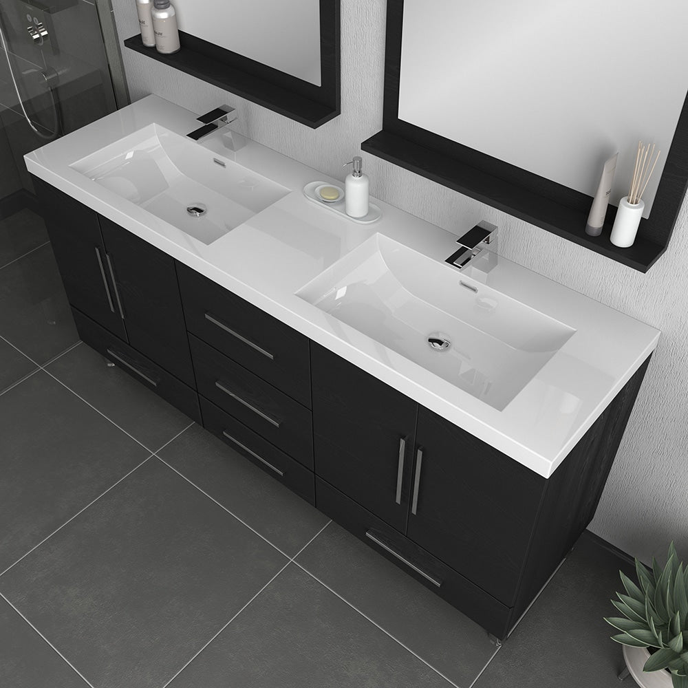 Ripley 72 Black Double Modern Bathroom Vanity with Acrylic Sink