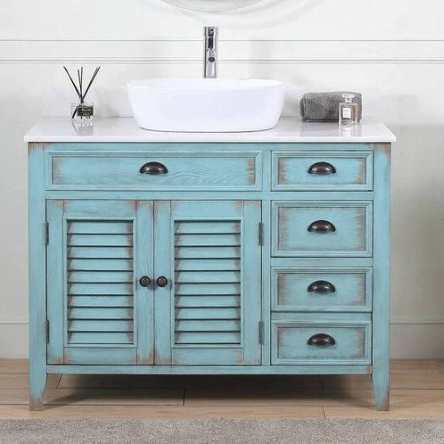 Abbeville 42" Distressed Light Blue Vanity with Vessel Sink - Traditional Bathroom Vanity