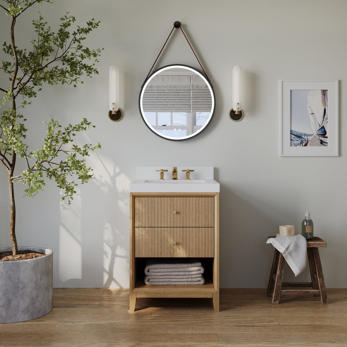 Ancerre Designs Momo 24-inch Oak vanity with Alpine White Quartz top - front bathroom lifestyle