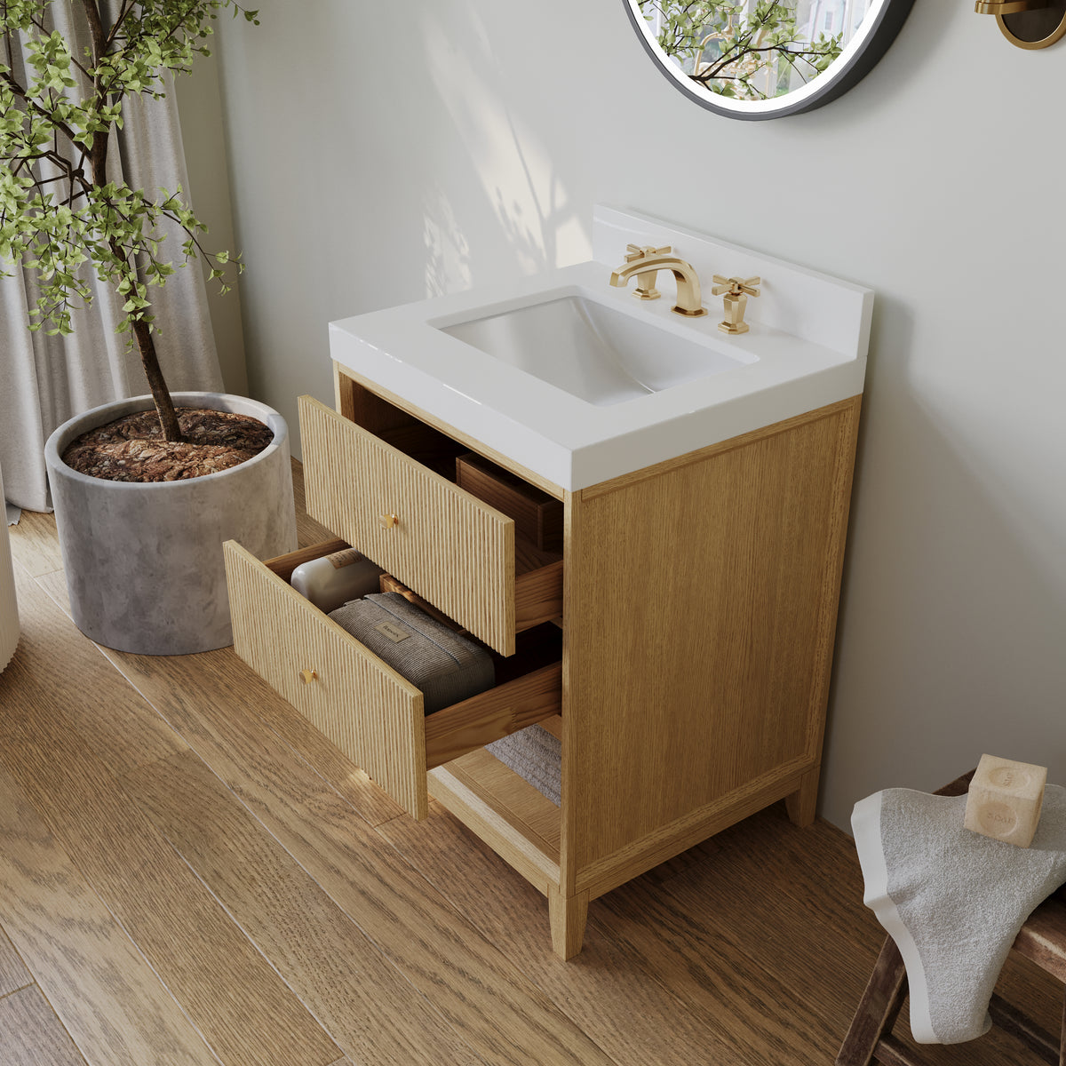 Ancerre Designs Momo 24-inch Oak vanity with Alpine White Quartz top - angled lifestyle with drawers open