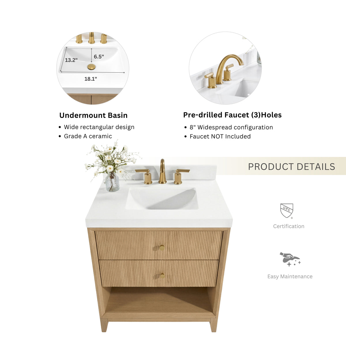 Ancerre Designs Momo 24-inch Oak vanity with Alpine White Quartz top - top and sink specifications