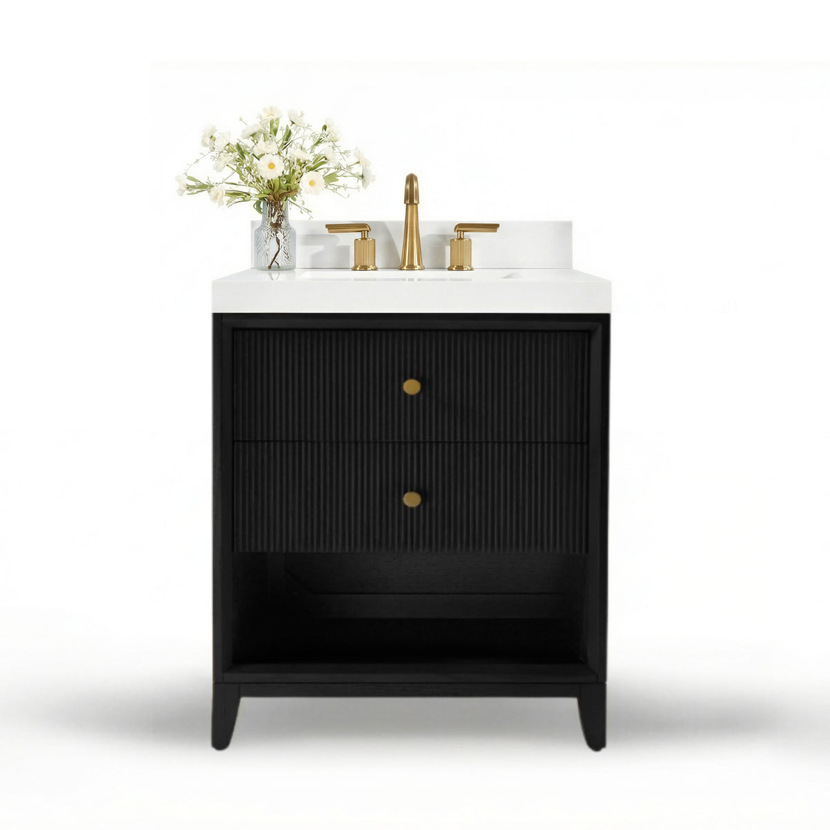 Ancerre Designs Momo 24-inch Black Oak vanity with Alpine White Quartz top - front hero