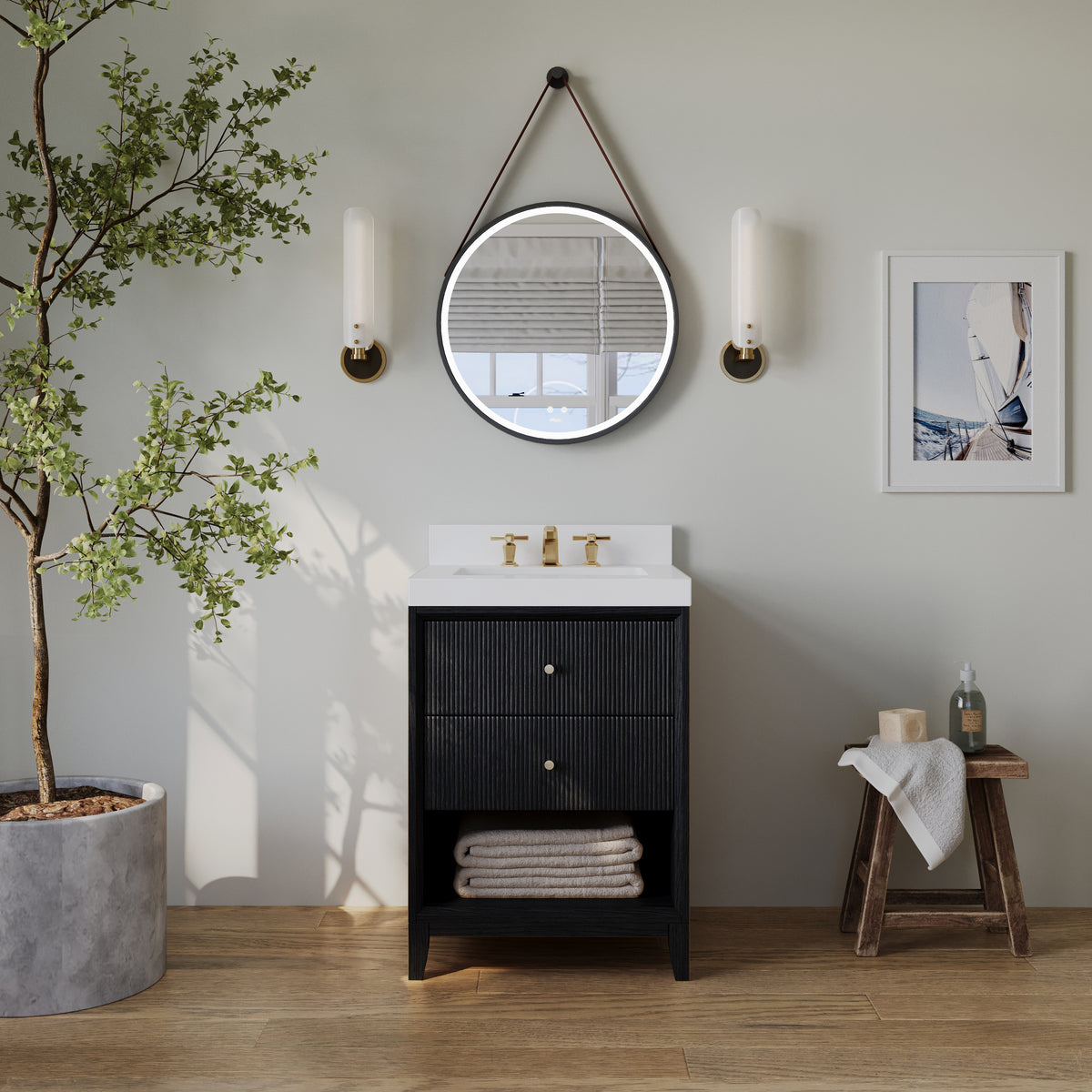 Ancerre Designs Momo 24-inch Black Oak vanity with Alpine White Quartz top - front bathroom lifestyle