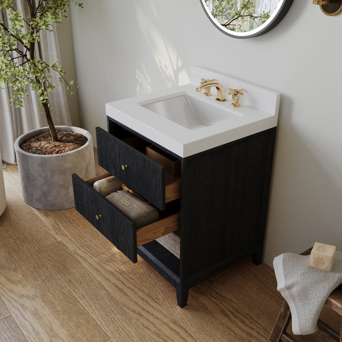 Ancerre Designs Momo 24-inch Black Oak vanity with Alpine White Quartz top - angled lifestyle with drawers open