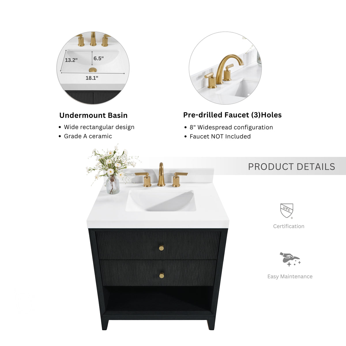 Ancerre Designs Momo 24-inch Black Oak vanity with Alpine White Quartz top - top and sink specifications