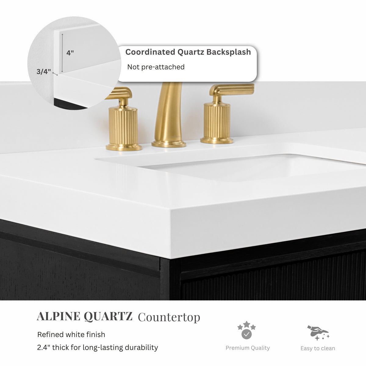Ancerre Designs Momo Black Oak vanity - Alpine White Quartz top and backsplash detail