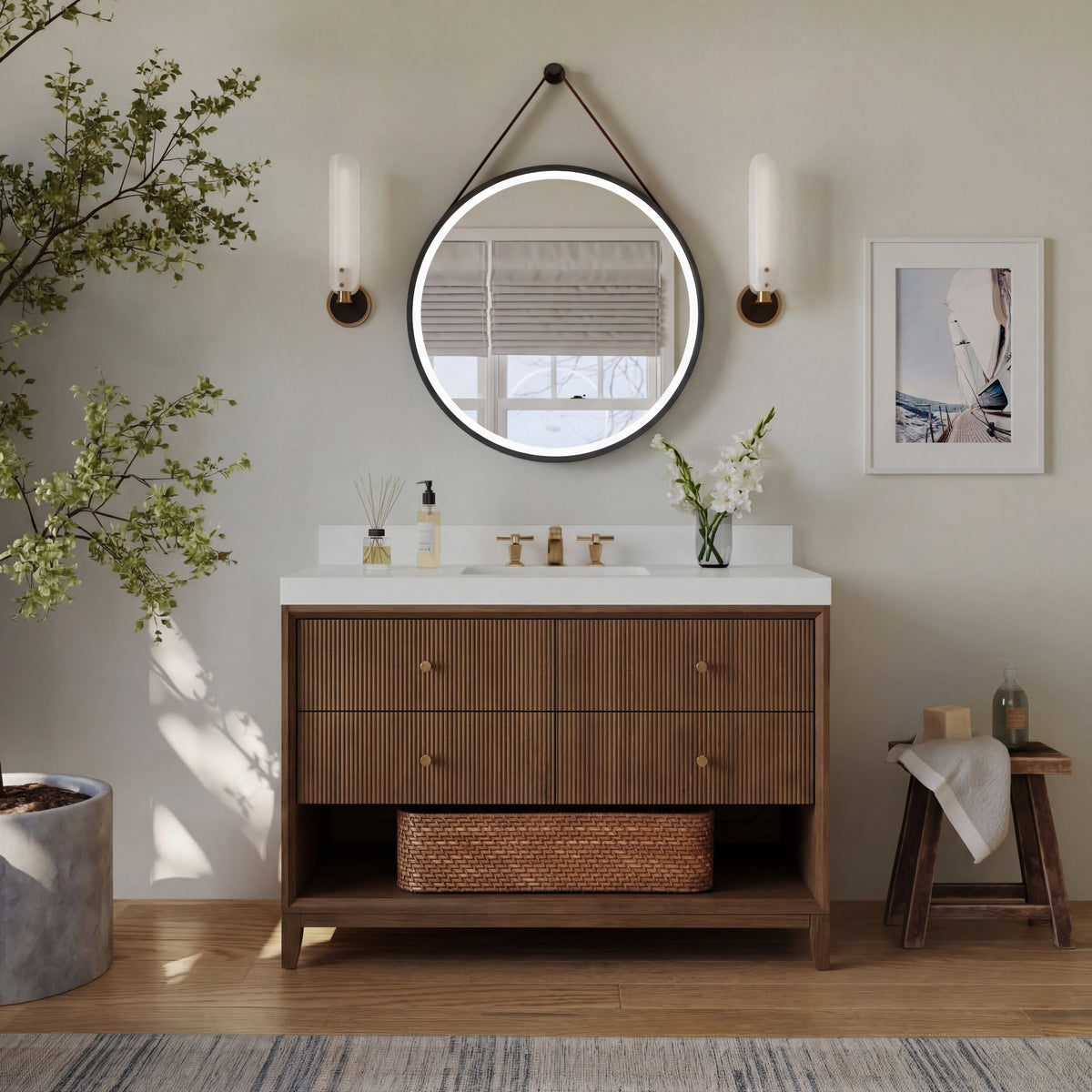 Momo 48-inch Chestnut Oak vanity with Alpine White Quartz top - lifestyle