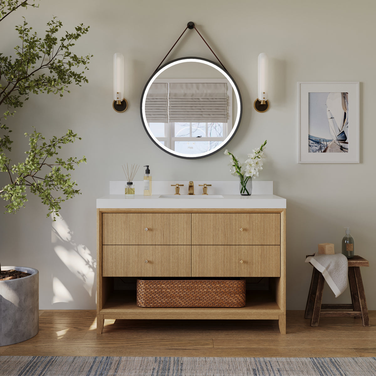 Momo 48-inch Oak vanity with Alpine White Quartz top - lifestyle