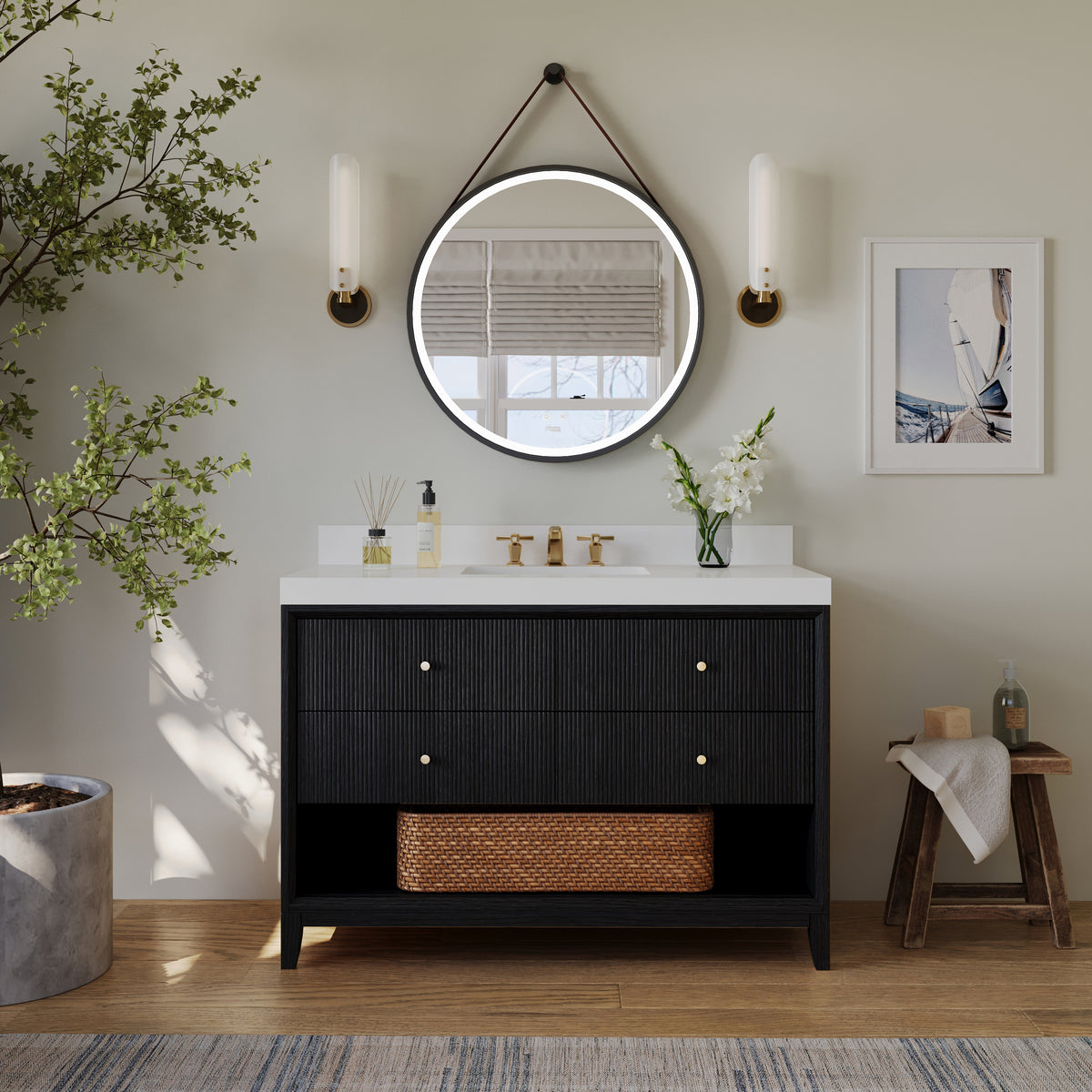 Momo 48-inch Black Oak vanity with Alpine White Quartz top - lifestyle